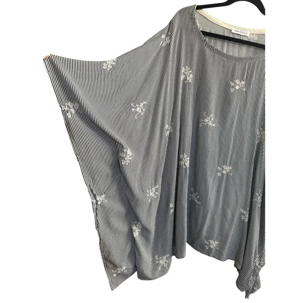 Sarong Social Club Beach Swim Coverup Tunic Poncho Blue Stripe Embroidered #7260